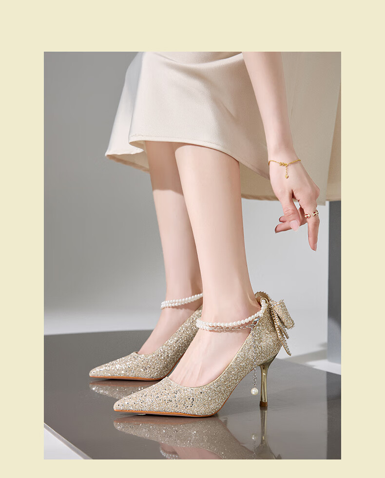 ZHR High Heels for Women, Fairy Crystal Wedding Shoes, Pearl Pointed Toe Shoes, Thin Heel Shallow Mouth Pumps, Suitable for Dresses, IE01 Silver Color, Size 39 11