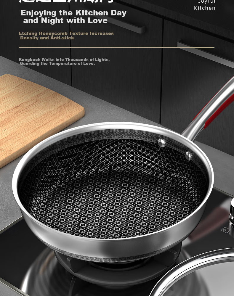 Kobach Non-Stick Frying Pan, 316L Stainless Steel, Flat Bottom Pan, Low Smoke, for Frying Eggs And Steak, Double-Sided Honeycomb Design, Yuexiaowen Model 7
