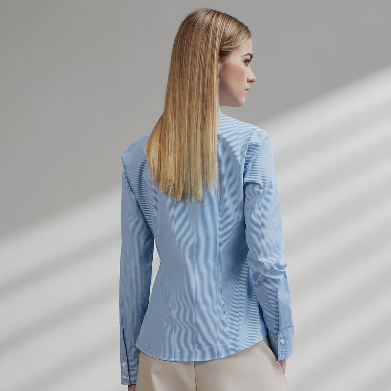 G2000 Women's Spring Summer Comfortable Cotton Striped Formal Long Sleeve Shirt Dark Blue Size 34
