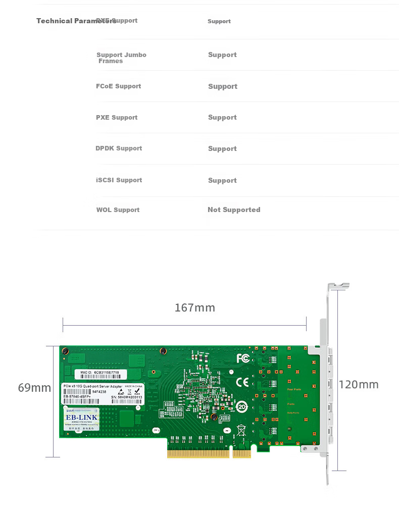 EB-LINK BCM57840 Chip, PCI-E V3.0 X8 Gigabit Four-Port Fiber Optic Network Card, 10G Server, SFP+ Interface Network Adapter 12