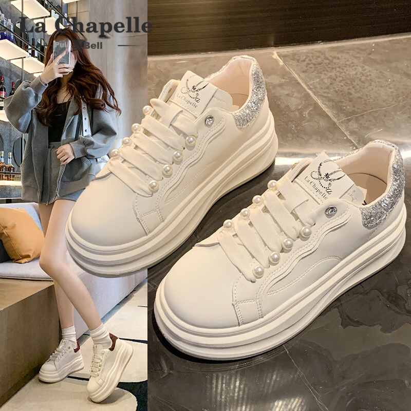 La Chapelle Women's Sneakers, Thick-Soled White Shoes, Versatile Pearl Lace-Up Sports White Shoes-JX005 Silver 39