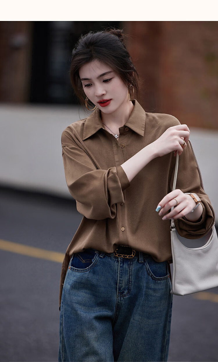 Dme [Four Seasons Wear] Spring Simple Style Commuter Shirt POLO Collar Wrinkled Shiny Texture Blouse Women's Top 15
