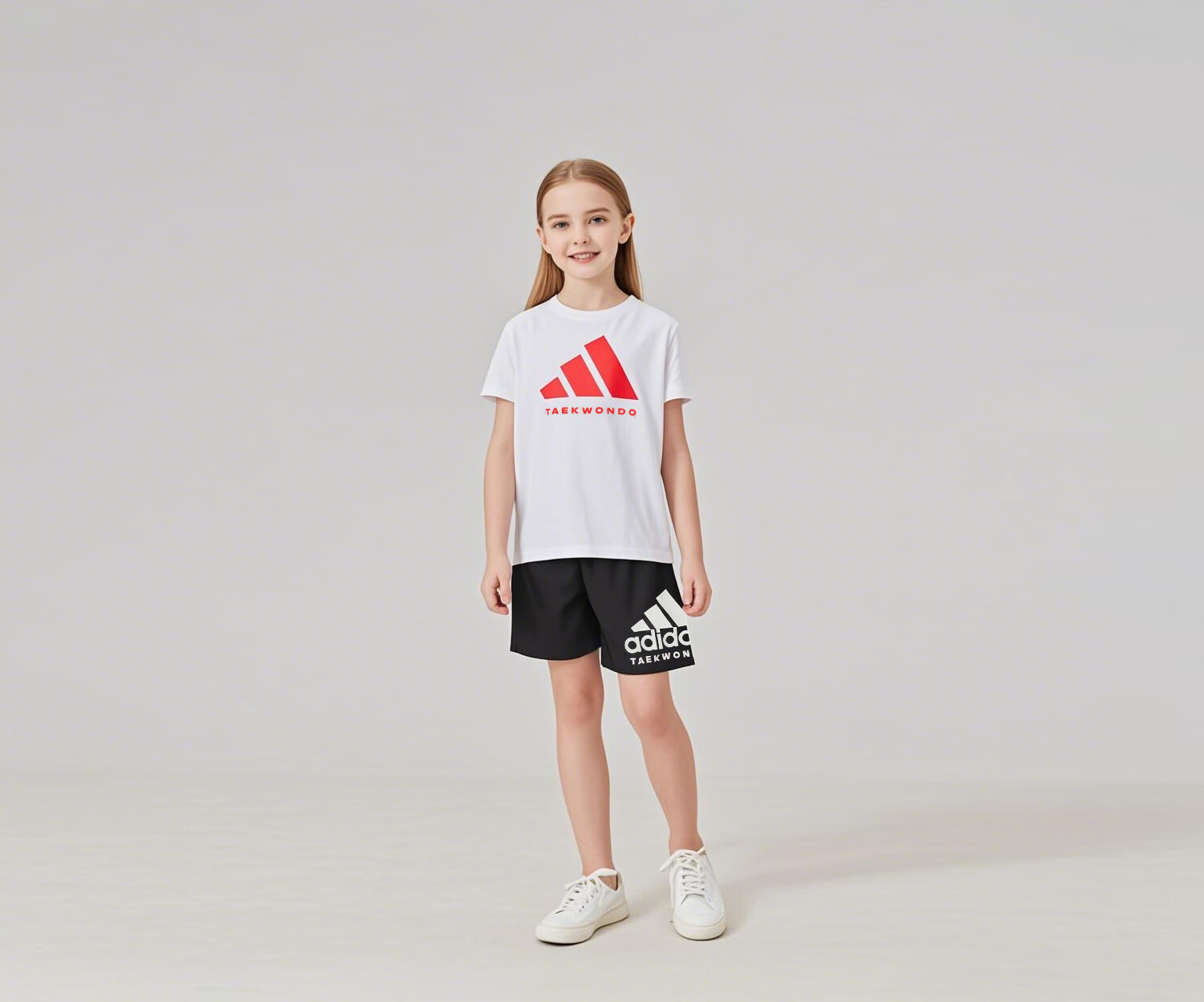Adidas Children's Short-Sleeve T-Shirt And Shorts Set, White/gold + Black Shorts, Size 140 2