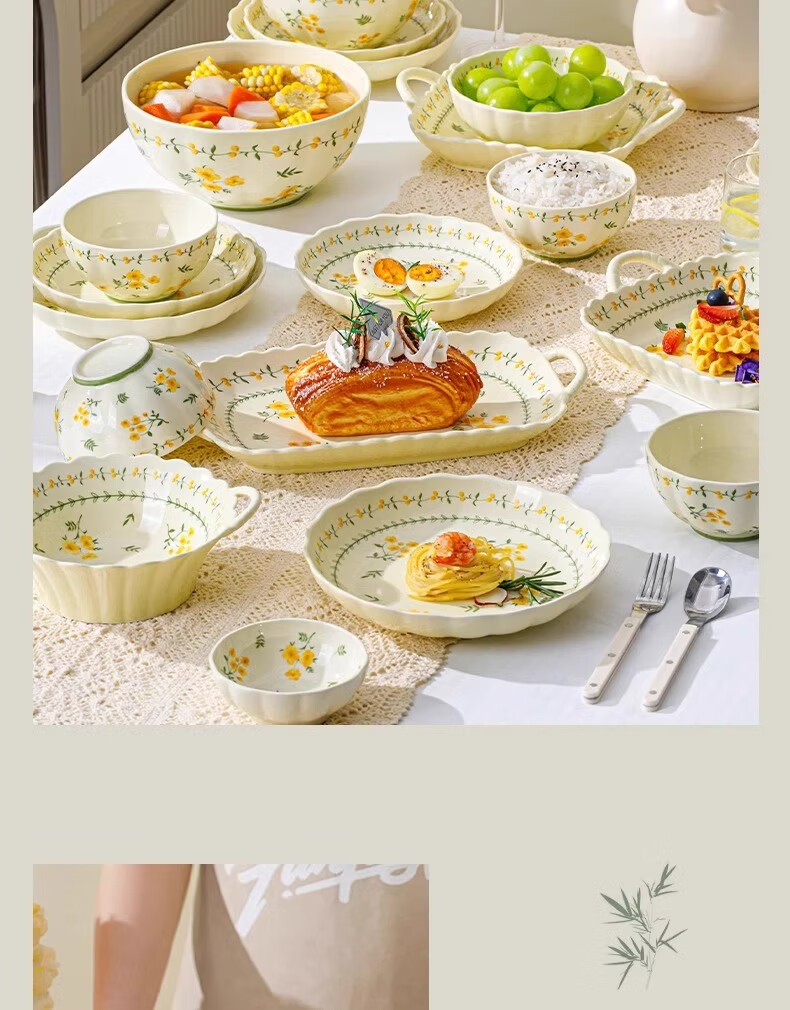 CERAMICS Ceramic Tableware Set, Underglaze Painted Bowls, Plates, And Chopsticks, Fresh Home Style, Housewarming Gift, Spring Cute Design, 12 Pieces 1