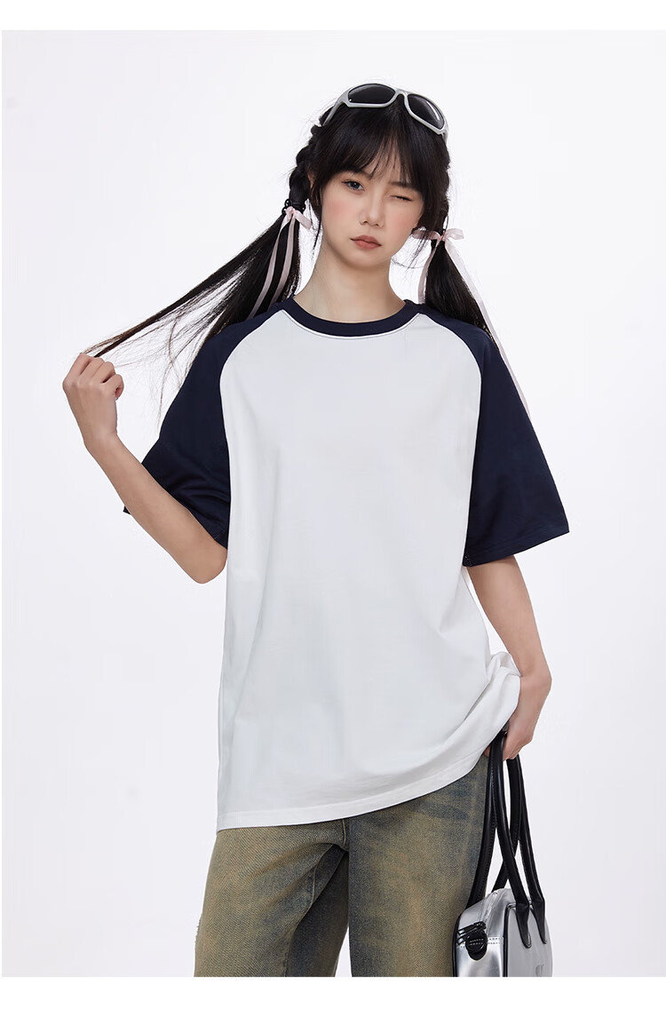 Ziyouxi American-Style Trendy Short-Sleeve T-Shirt for Women, 2026 Summer New Vintage Loose Navy Blue Top, Round Neck Patchwork Half-Sleeve 9