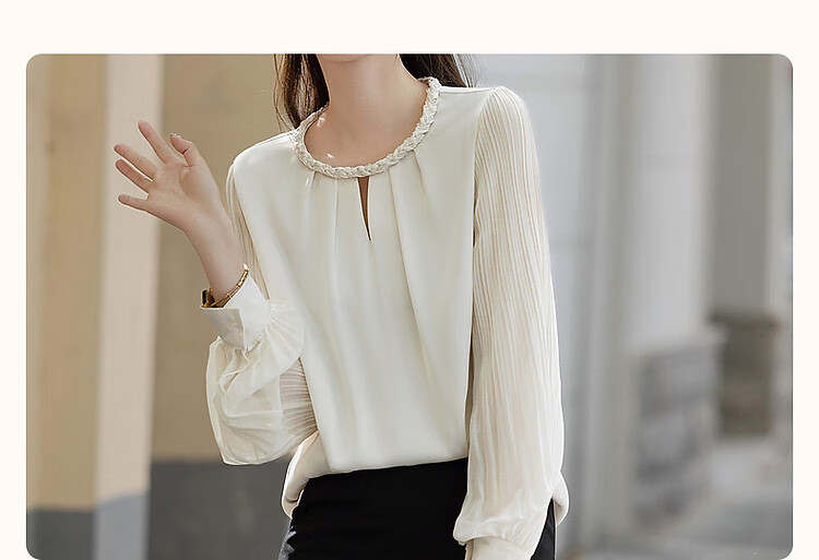 Dme [Selected Satin with Luster Yarn] Spring And Autumn Color-Block Round Neck Knit Strap Blouse, Pleated Patchwork Shirt, Women's Top 4