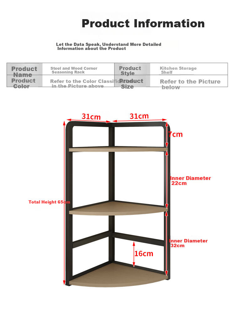 Shuaili Kitchen Countertop Storage Rack, Corner Three-Tier Organizer Shelf for Wall, Triangular Spice Rack for Miscellaneous Items And Cookware SL8415 14