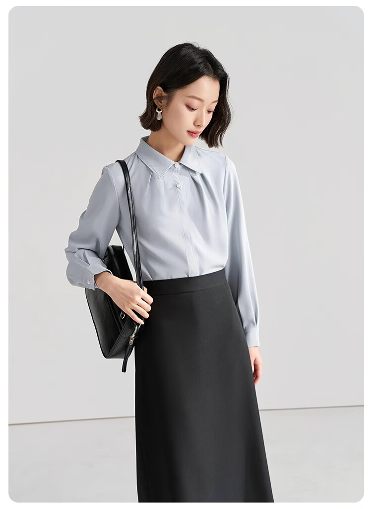 Bodexiaojie White Blouse for Women, Professional Commute Straight Shoulder Top, Petite Elegant Outfit, Formal Shirt 19