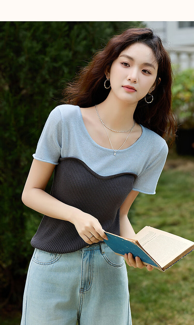 Dme [Salt Series Spicy Girl] Summer Smooth Linen Lyocell Blend Sweater, Pure Desire Color-Block Knit Top for Wome 12