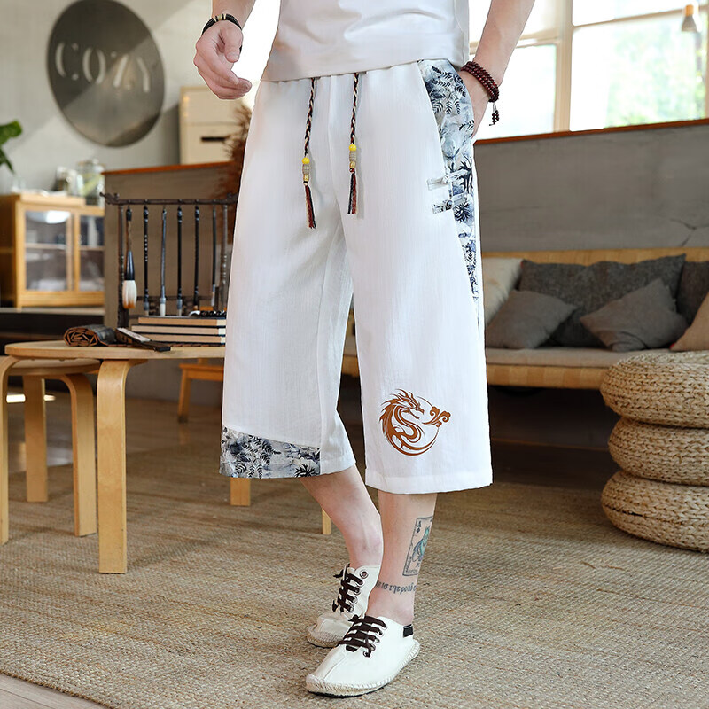 Zuofeili Men's Cropped Pants, Summer Lightweight Loose Ice Silk Shorts, 2026 New Chinese Style Youth Casual 7/8 Length Pants