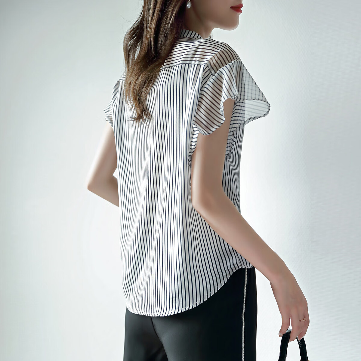 Dme [Half-Transparent Patchwork] Summer Chiffon Spliced Chiffon Pleated H-Shaped Ruffle Blouse for Wome 5