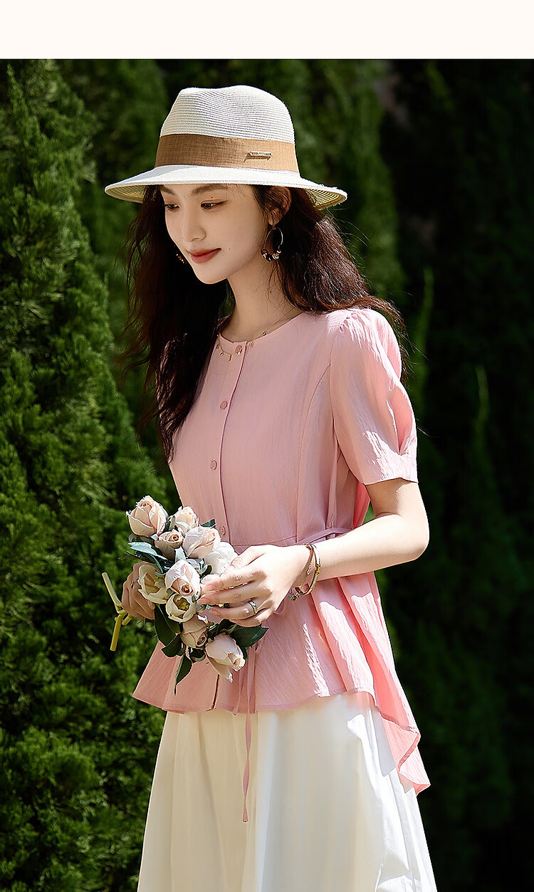 Dme [Elegant Top Student] Summer Comfortable Draping Cotton Wrinkle Shirt with Puff Sleeves And Belt, Women's Blouse Top 15