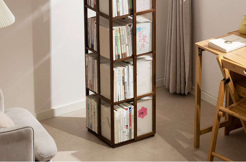 Yimo Rotating Bookshelf, Multi-Tier Floor-Standing Storage Display Rack for Home Living Room, Plastic Rattan, Four-Tier, Tea Color 7