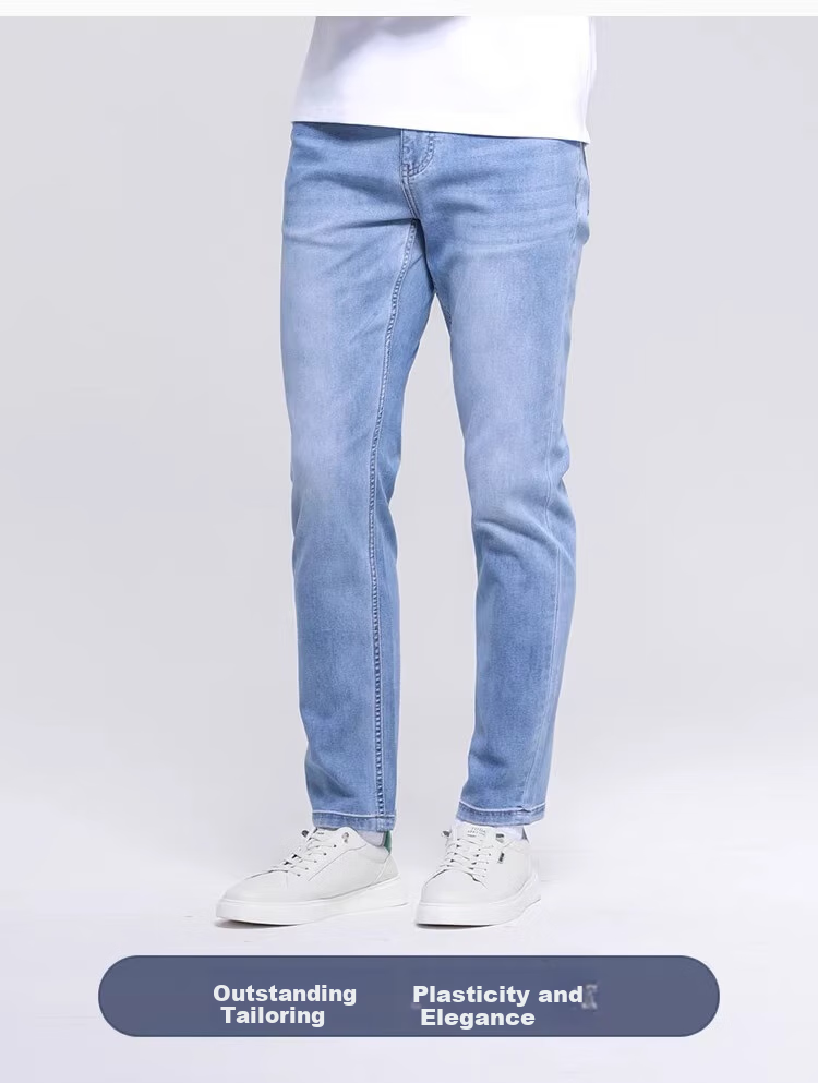 Xiahushijia [Feitian Niu Zai Summer] Coolmax Ice Elastic Cotton Jeans for Men, Straight-Leg Ankle-Length Pants - Light Blue, Size 30 5