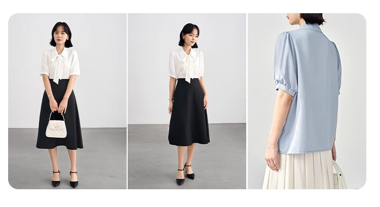 Bodexiaojie Blue Short-Sleeve Shirt for Women, Urban Daily Commute Outfit, Petite Chiffon Blouse, Interview Professional Shirt, Size S 9