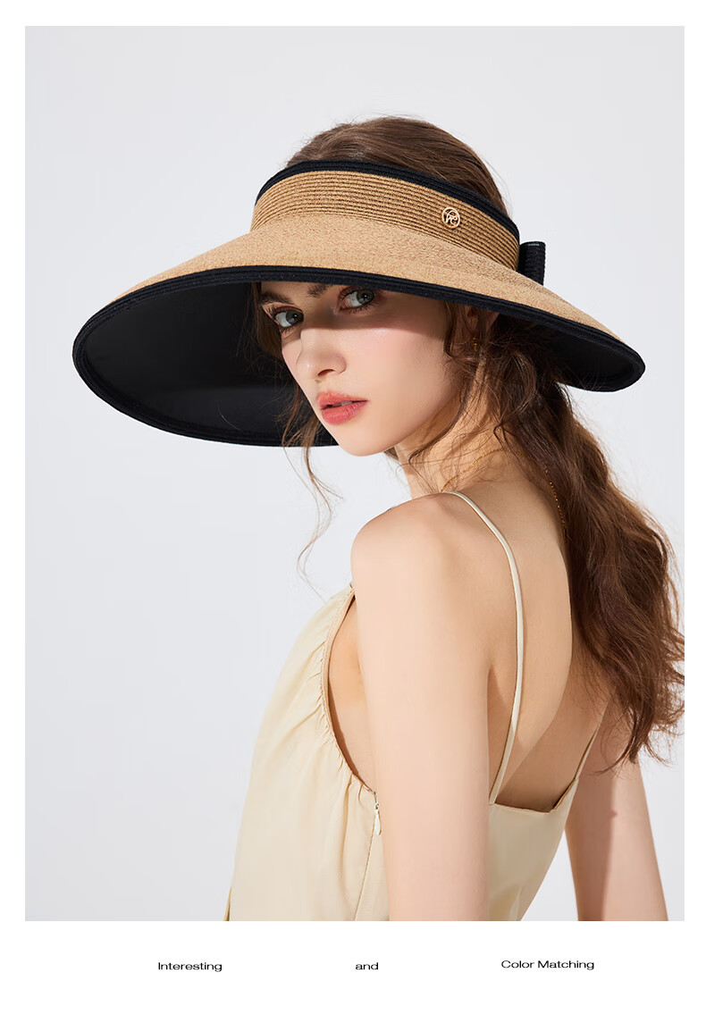 FANCET Women's Spring And Summer Japanese-Style Color-Block Hat, Black Glue Wide Brim Sun Protection Straw Hat for Travel And Vacation, Breathable Sunhat 15