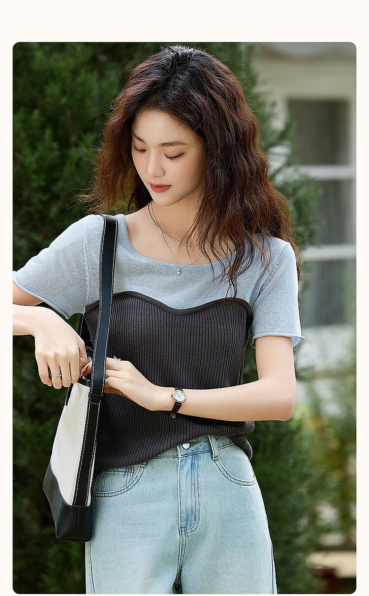 Dme [Salt Series Spicy Girl] Summer Smooth Linen Lyocell Blend Sweater, Pure Desire Color-Block Knit Top for Wome 2