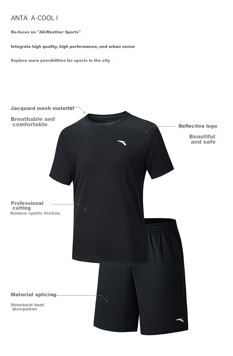 Anta Quick-Dry Set | Men's Summer Sports Short Sleeve T-Shirt and Shorts Two-Piece Moisture-Wicking Breathable Running Fitness Training Suit 3