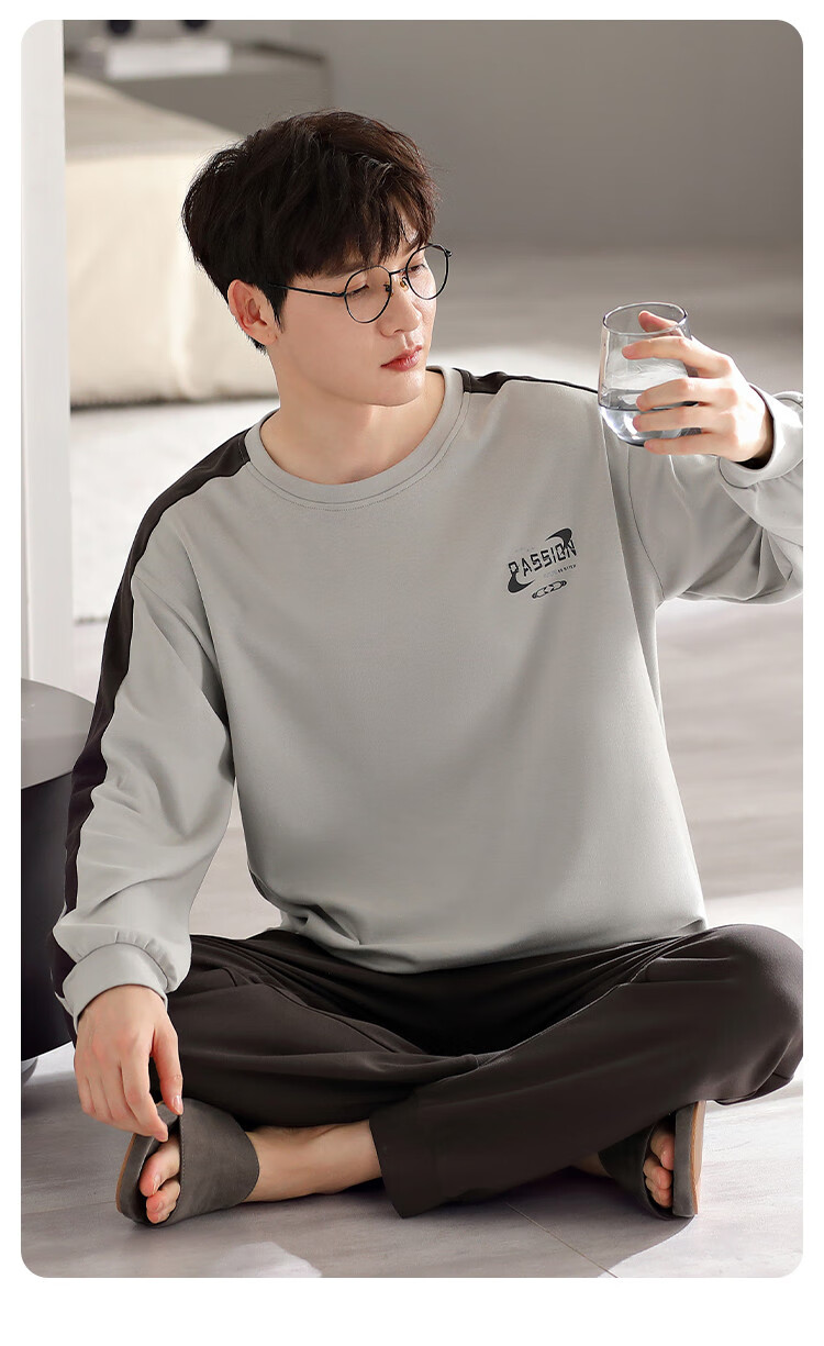 LangSha [100% Cotton] Men's Pajamas, Spring And Summer Simple Loose Comfortable Round Neck Pullover Loungewear Set, Suitable for Outdoor Wear 7