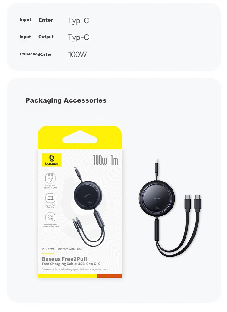 BASEUS Two-In Retractable Data Cable, Type-C to Dual USB-C Fast Charging Cable, Compatible with Apple 15/16/17/18, Xiaomi/Huawei, Car Phone Charger Cable 13