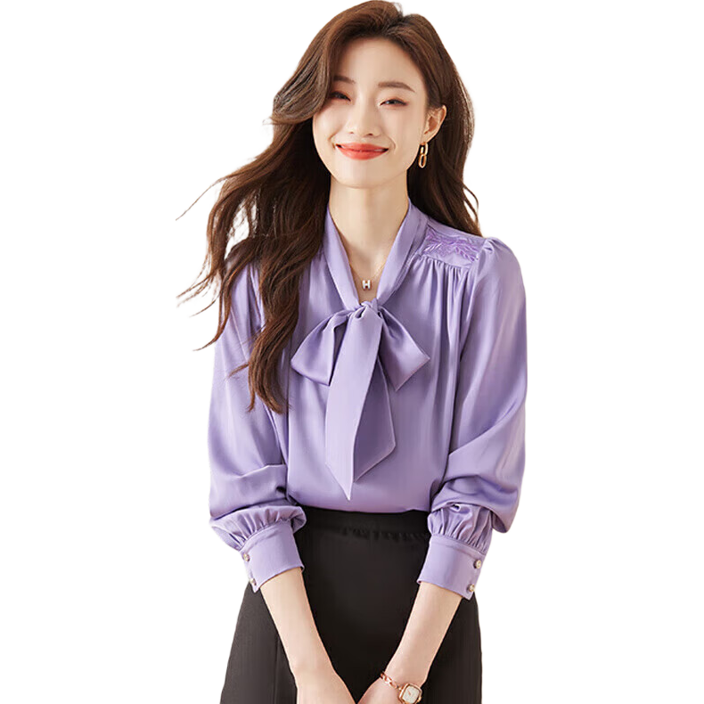 Jeanswest Long-Sleeve Shirt for Women, Spring And Summer Top, French Bow Tie, Elegant Women's Professional Outfit Blouse, Purple, XL