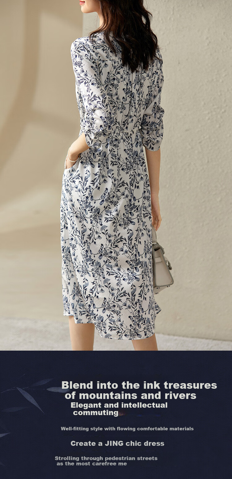 Sentubila New Chinese-Style National Style Dress, Summer Wear, Blue And White Porcelain Print, Elegant Waist-Cinching Slimming Dress, White with Blue Flowers, Size L 6