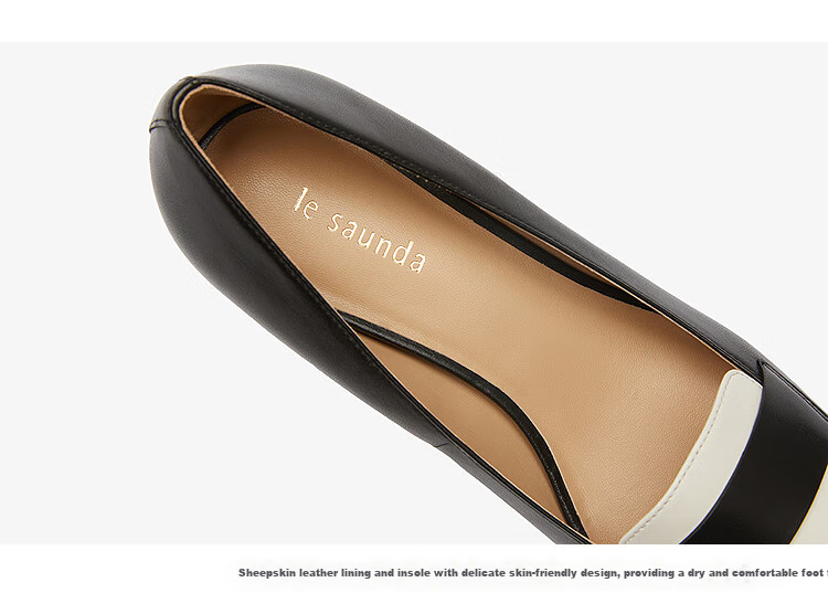 Le Saunda Simple British-Style Patchwork Square-Toe Mid-Heel Commuter Flats Women's Shoes 6T46324, Black/white, BKK, Size 39 7