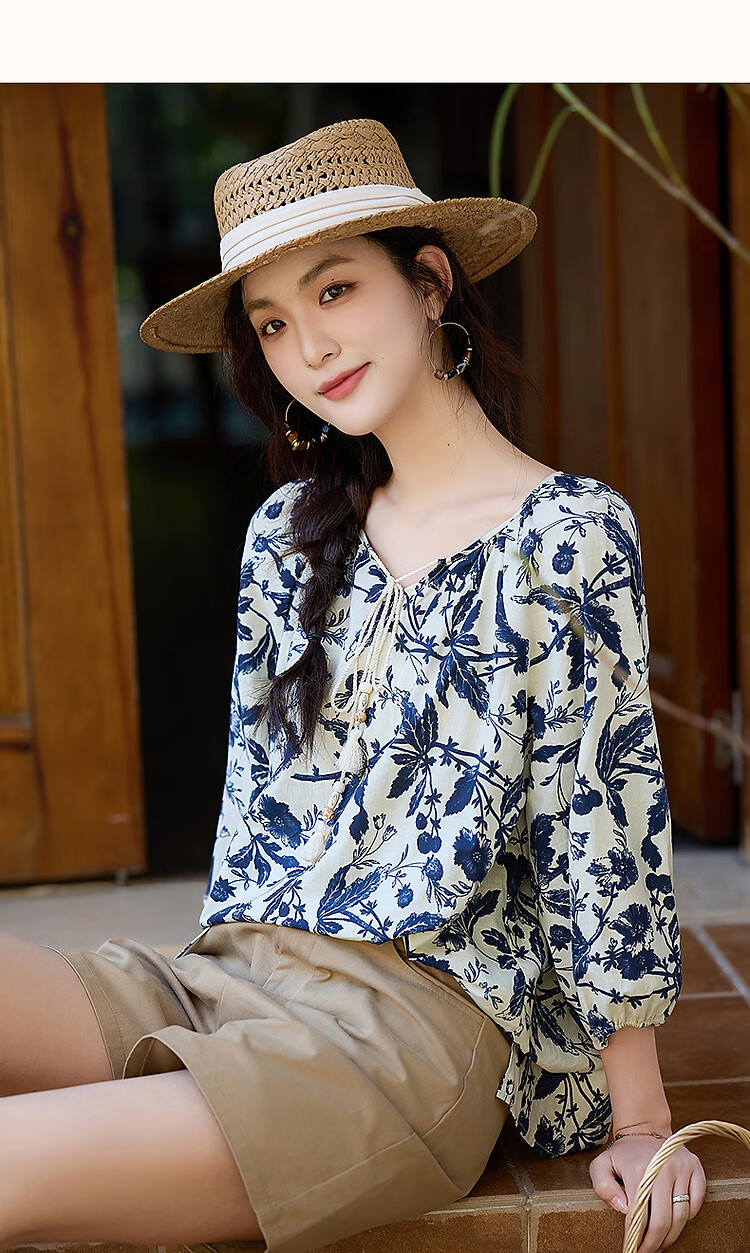 Dme [Yihua Yishijie] Summer Comfortable Pure Cotton Printed Shirt with Tie-Up Collar And Three-Quarter Sleeves Women's Blouse Top 9
