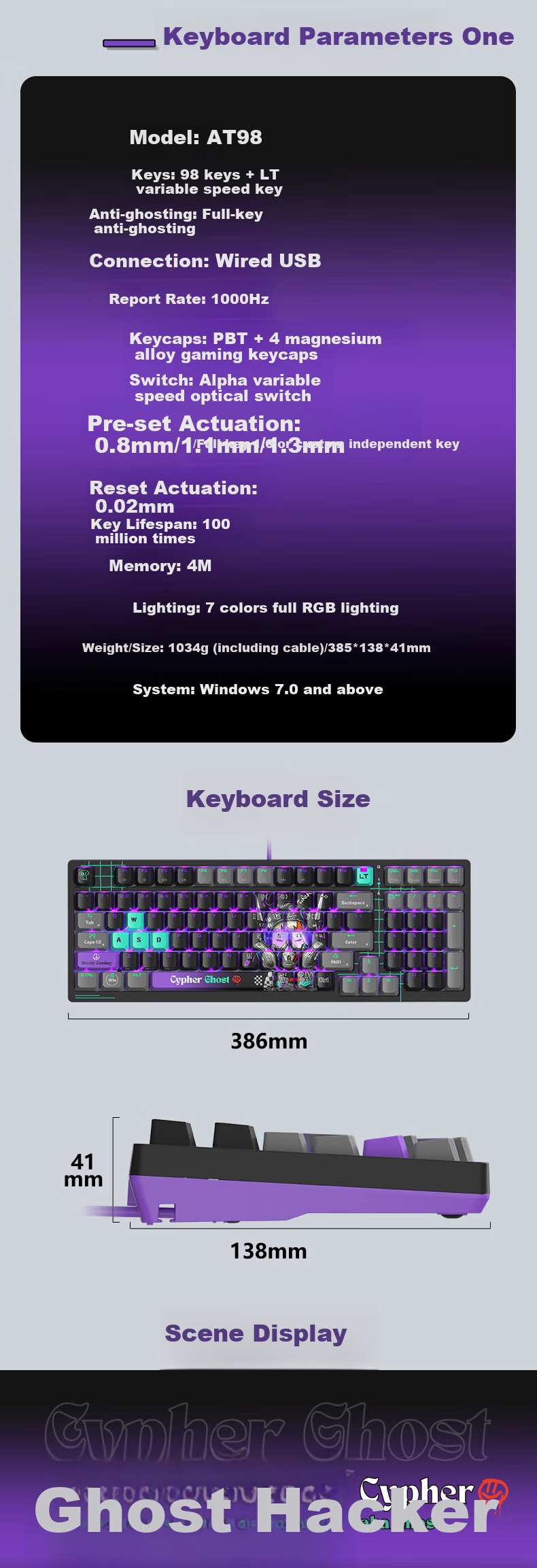 A4TECH AT98 99-Key Mechanical Keyboard Wired Gaming Keyboard E-Sports Mechanical Keyboard Specialized Optical Switch Keyboard for Wild Tribe Light Switch Phantom Black Hacker Wired 10