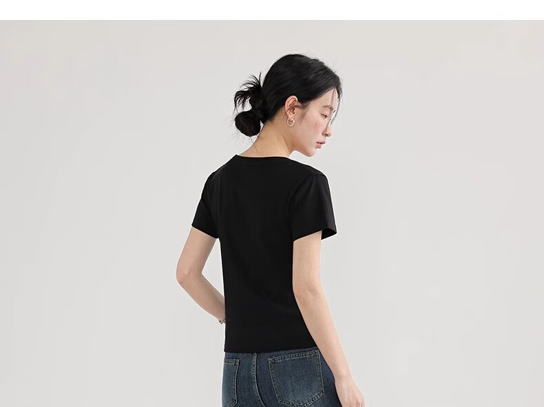 Woodpecker Solid Color Short Sleeve Women's T-Shirt 2025 Summer New Round Neck Regular Shoulder Fashion Casual Versatile Top Black M 16