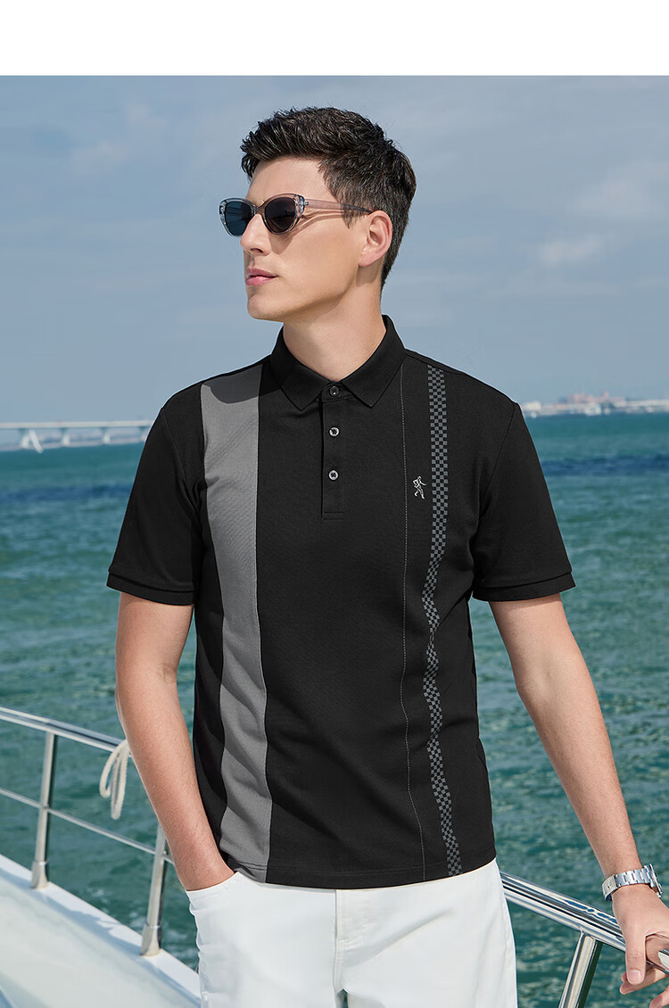 DANCING WOLVES [5A Antibacterial] Long-Lasting Shape-Retaining Solona Spliced Short-Sleeve POLO Shirt for Men, 001 Black, XL(180) 9