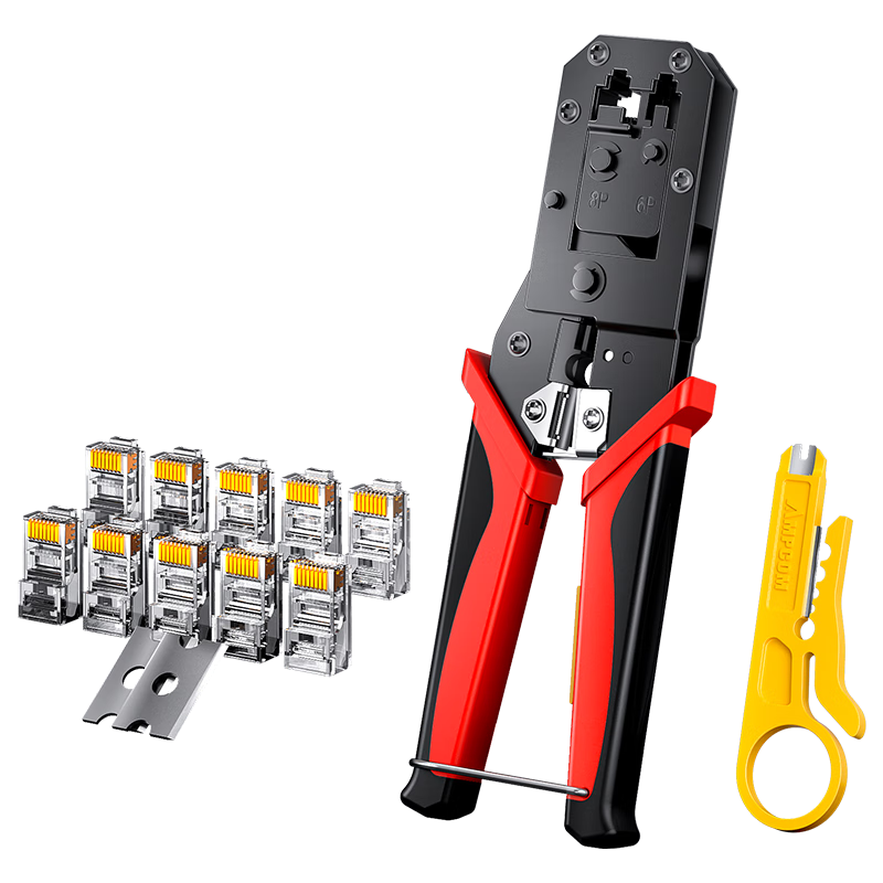 AMPCOM Crystal Head Network Cable Crimper, 8P6P Cat5e/Cat6 Network Telephone Line Crimping Tool, RJ45 Multifunctional Cutter And Stripper, 4-In Tool Set AR31814
