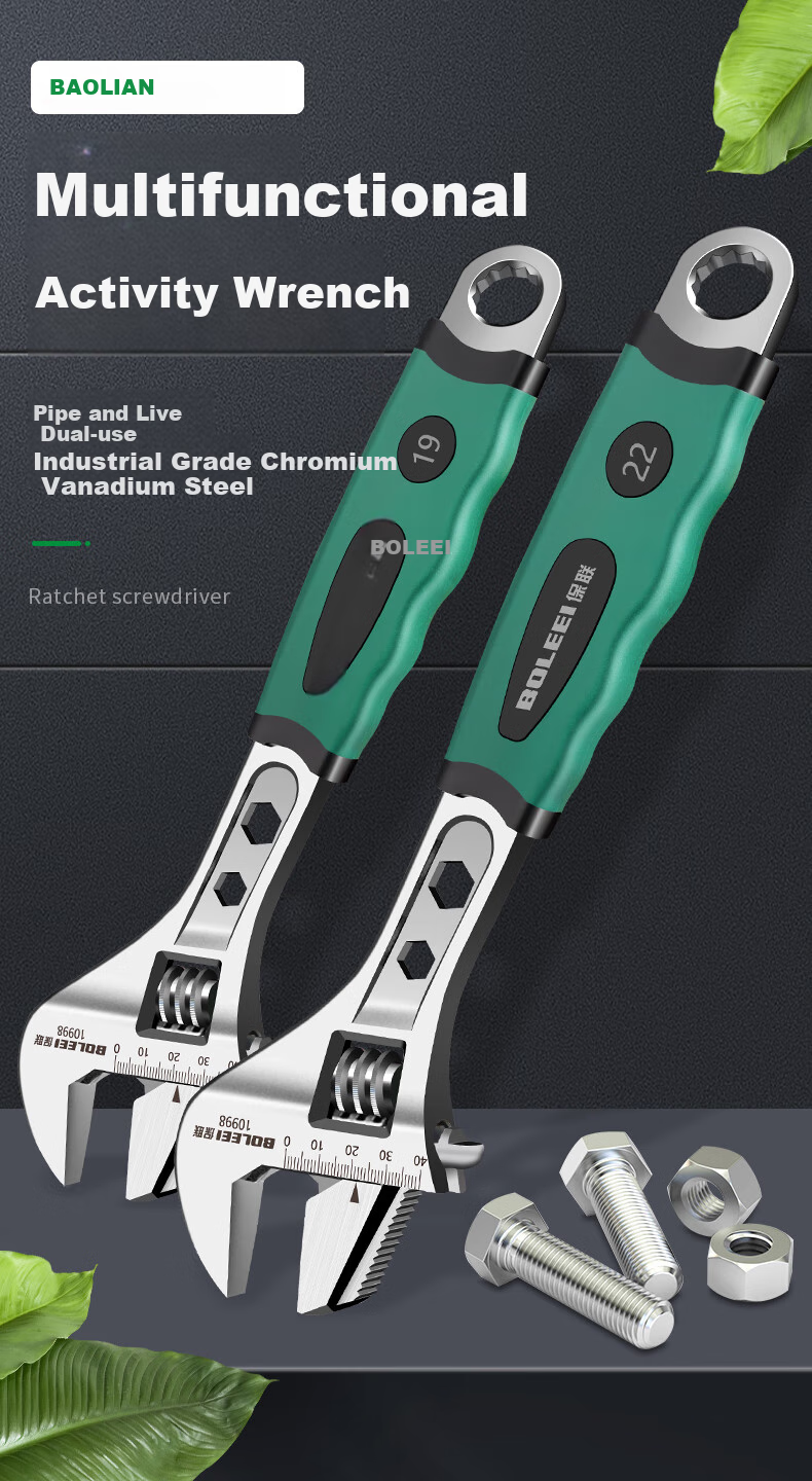 Baolian Multi-Functional Adjustable Wrench, Quick-Open Spanner, Chrome Vanadium Steel Adjustable Pipe Wrench, Labor-Saving Household Tool Set 1
