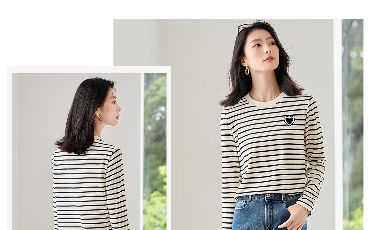 Chushen Summer Short-Sleeve T-Shirt for Women, Fashionable Versatile Round Neck Heart Logo Striped Pure Cotton Half-Sleeve Top S13KT1172 16