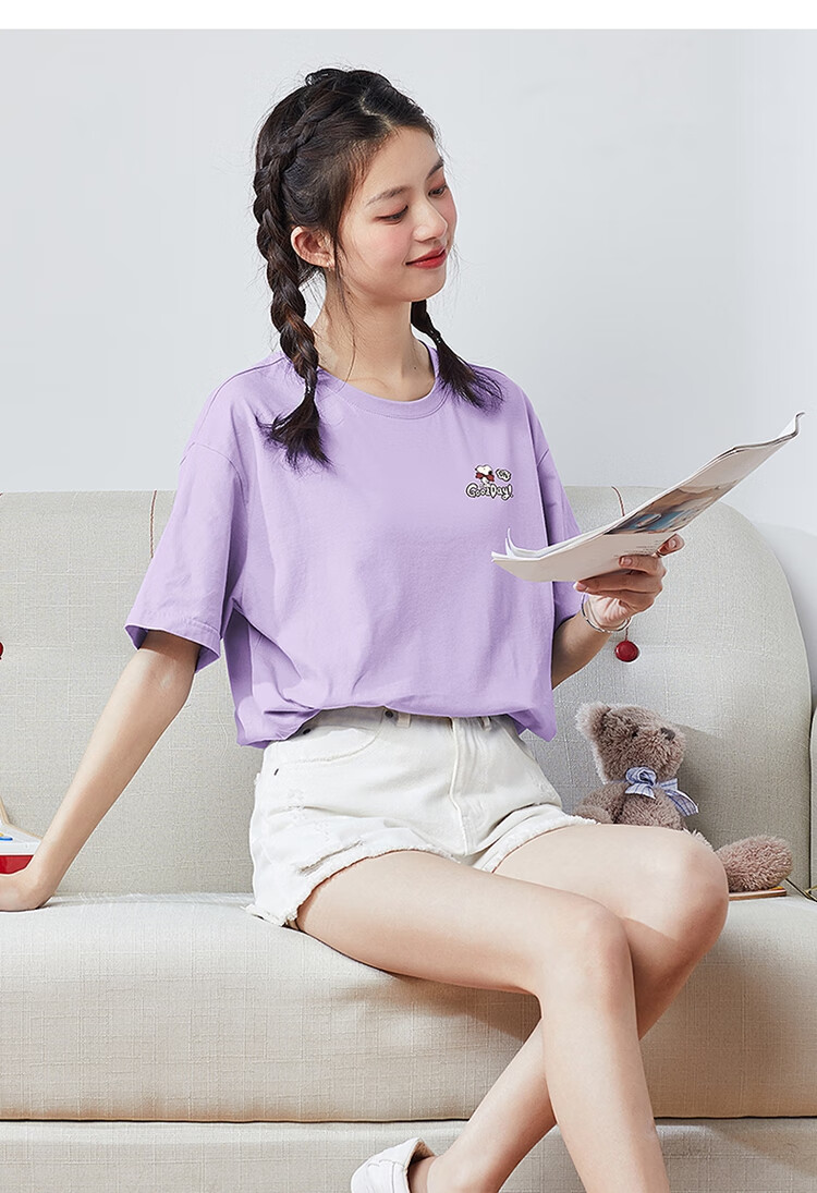 TonLion 2025 Summer Women's New Round Neck Short Sleeve T-Shirt Versatile [Snoopy Collaboration] S Light Purple 16