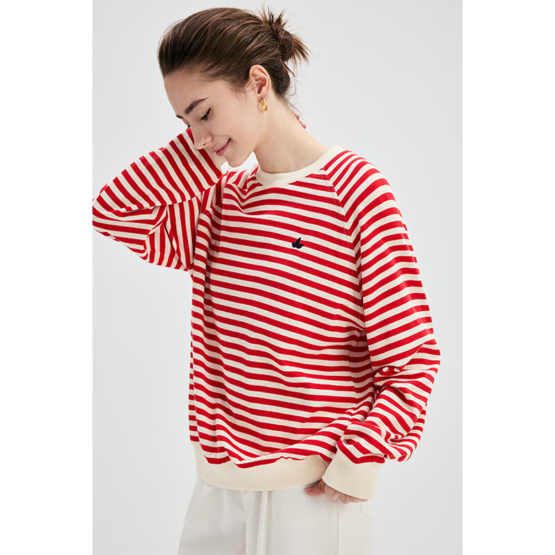 Navikail Italian Small Sailboat Women's Cotton Loose Long Sleeve Sweatshirt Striped Crew Neck T-Shirt 2315005501 Red White L