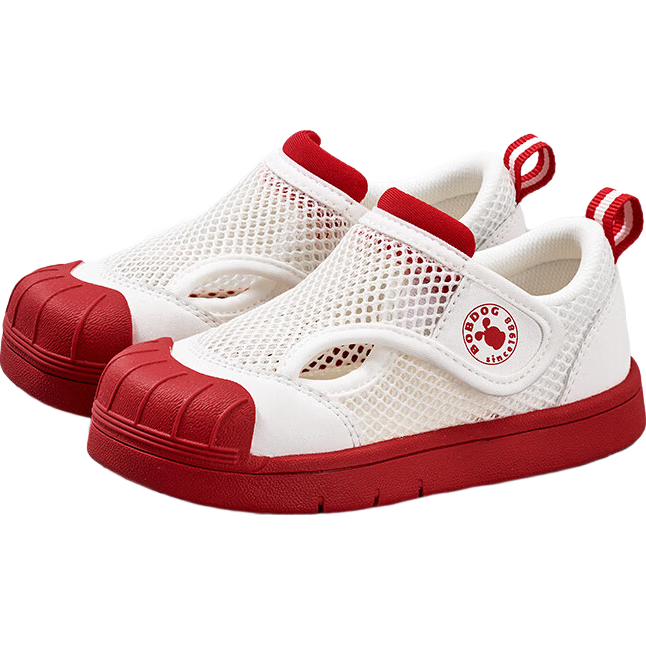 BOBDOG Children's Sandals, Toddler Walking Shoes, Non-Slip Breathable Mesh Shoes for Kindergarten Indoor Use, White Sneakers, Tomato Red, Size 30