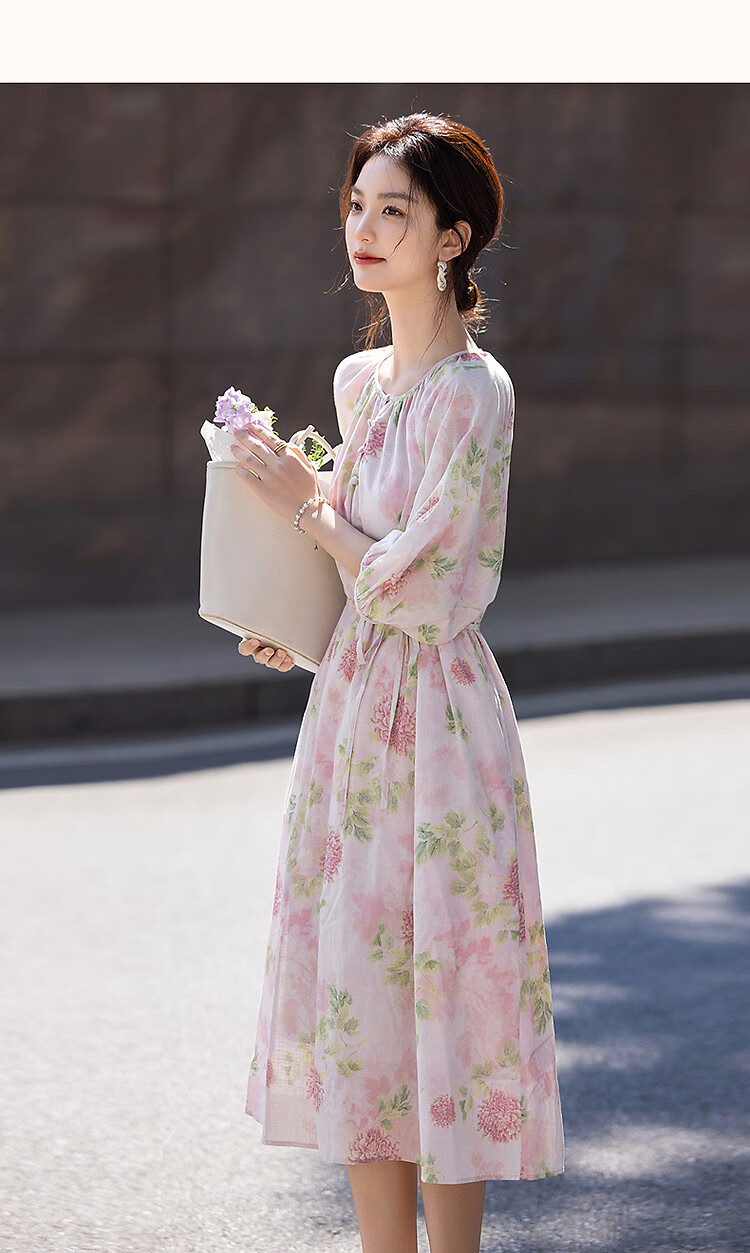Dme [100% Cotton Bamboo Print] Summer French Romantic Floral Print Five-Quarter Sleeve A-Line Waist-Cinching Mid-Length Women's Dress 7