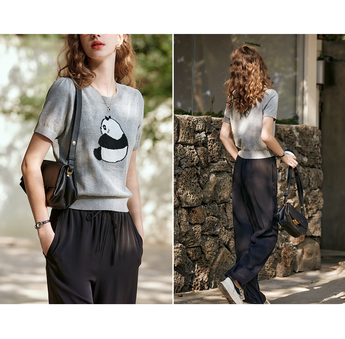 Oulain Elegant Short-Sleeve Knit Top for Women, Spring And Summer Fun Panda Pullover Sweater, Light Gray, L 26