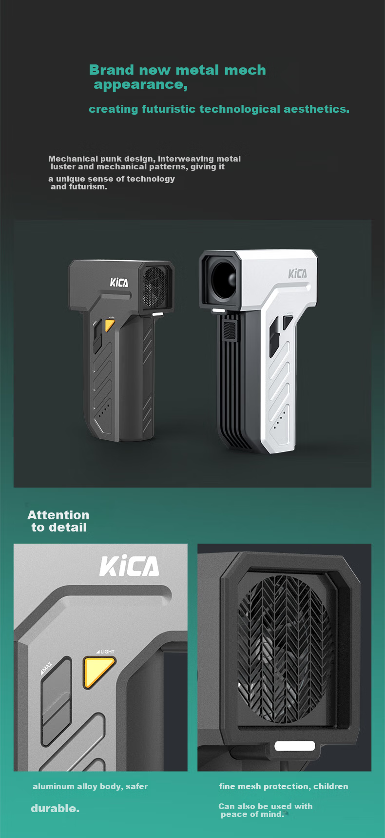 KICA Handheld Fan Turbo Hurricane Edition High-Speed USB Mini Rechargeable Powerful Outdoor Small High Wind Fan with LED Light Silver Gray 3