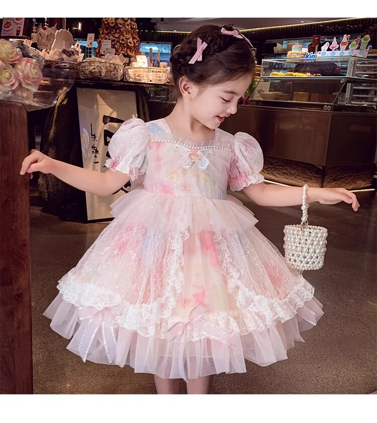 Anneyol Girls' Princess Dress Summer Outfit Stylish Children's Lolita Tulle Dress with Puff Sleeves, Pink, Size 160 15