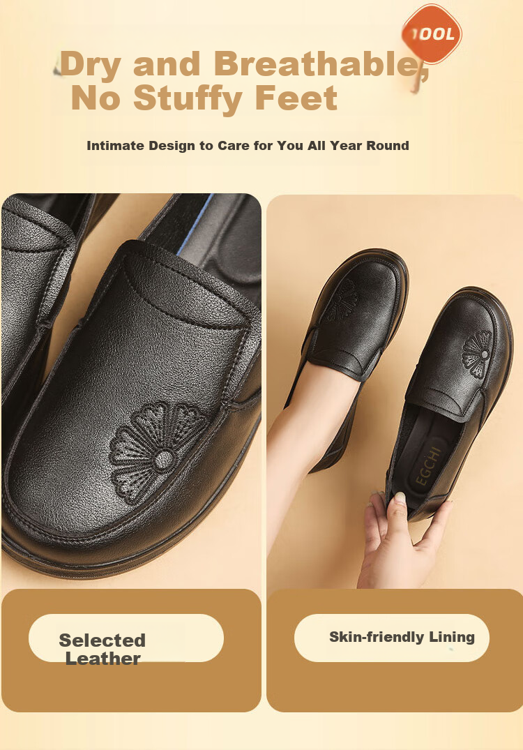 EGCHI Mom Shoes, Casual Top-Grain Leather, Soft-Soled Flats, Non-Slip Flat Walking Shoes, H2167, Black, Size 36 5