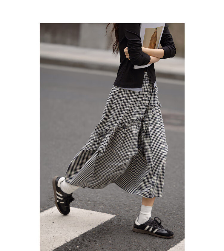 Dme [Fresh Cloud Cotton] Spring Vintage Floral Bud Ruffle Elastic Waist A-Line Plaid Midi Skirt for Wome 5