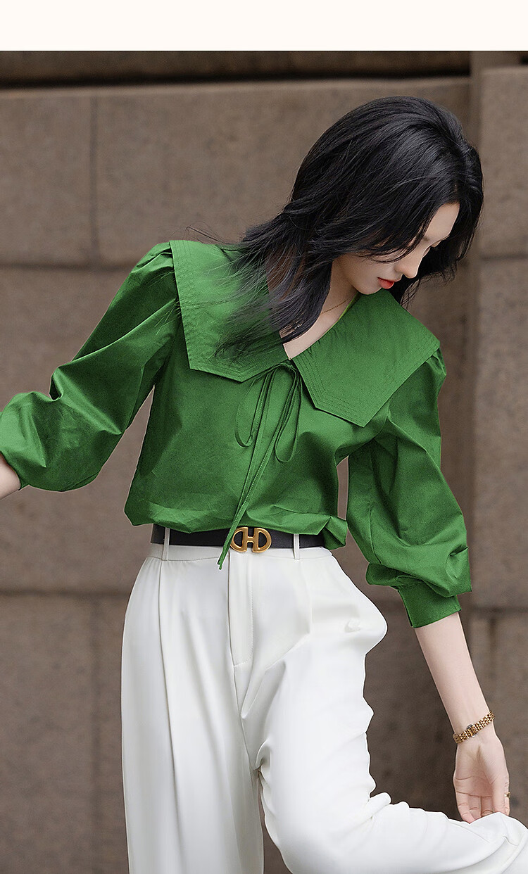 Dme [Will Breathe Cotton] Spring And Autumn Japanese Artistic Turndown Collar Tie-Up Shirt with Puff Sleeves, Concealing Body, Women's Blouse Top 16