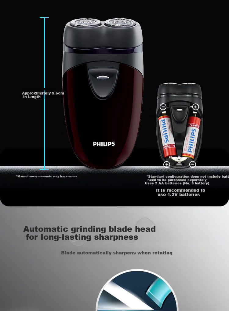 PHILIPS Electric Shaver, Men's Rotary Razor, Imported Dual-Blade Classic Portable, New Year Gift for Boyfriend Or Father, Battery-Powered PQ206/18 3