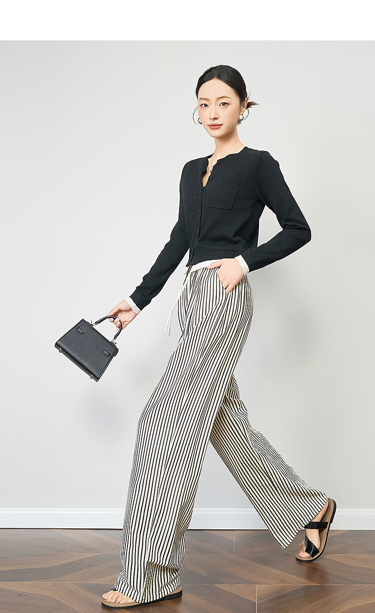 Demana Cloud Cotton Vintage Korean Style Striped Wide-Leg Drawstring Elastic Waist Slimming Women's Casual Pants for Spring and Autumn 3