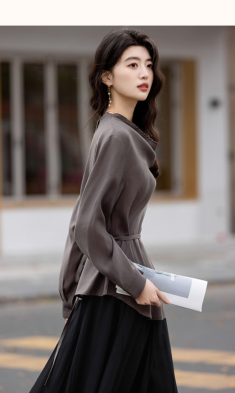 Dme [Designer's Private Label], Autumn Elegant Flowing Collar Shirt with Tie-Up Back, Long-Sleeve Blouse, Women's Top 11