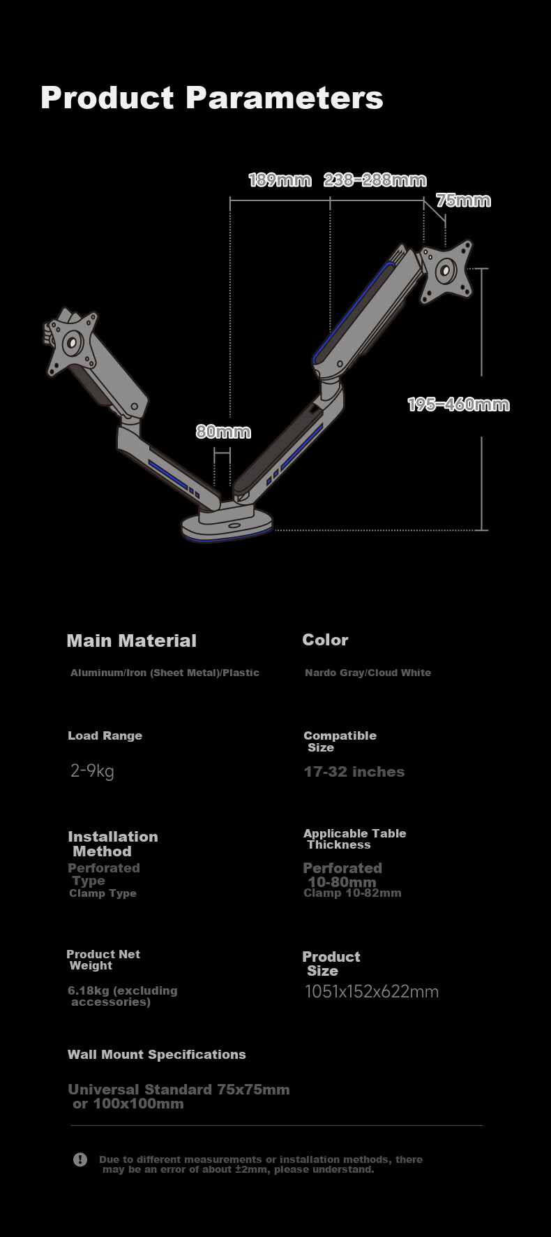 Brateck Beihu Dual-Screen Monitor Stand, Mechanical Arm One-To Computer Stand Multi-Screen Extension Desktop Clip-On Base E700-2 Gray, Holographic Light Effect Hanging Lamp Screen Suspensio 12