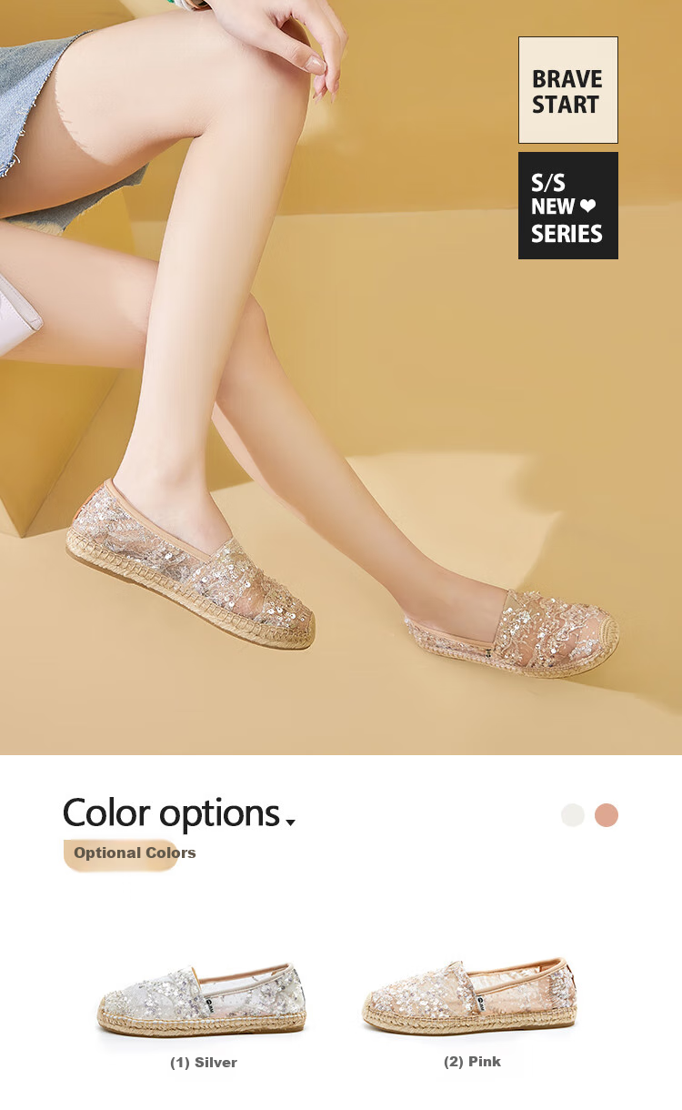 J&M Dong Xuan Same Style Fisherman Shoes for Women, Summer Hollow Breathable Canvas Shoes, Casual Slip-On Flat Single Shoes, Silver, Size 35 2