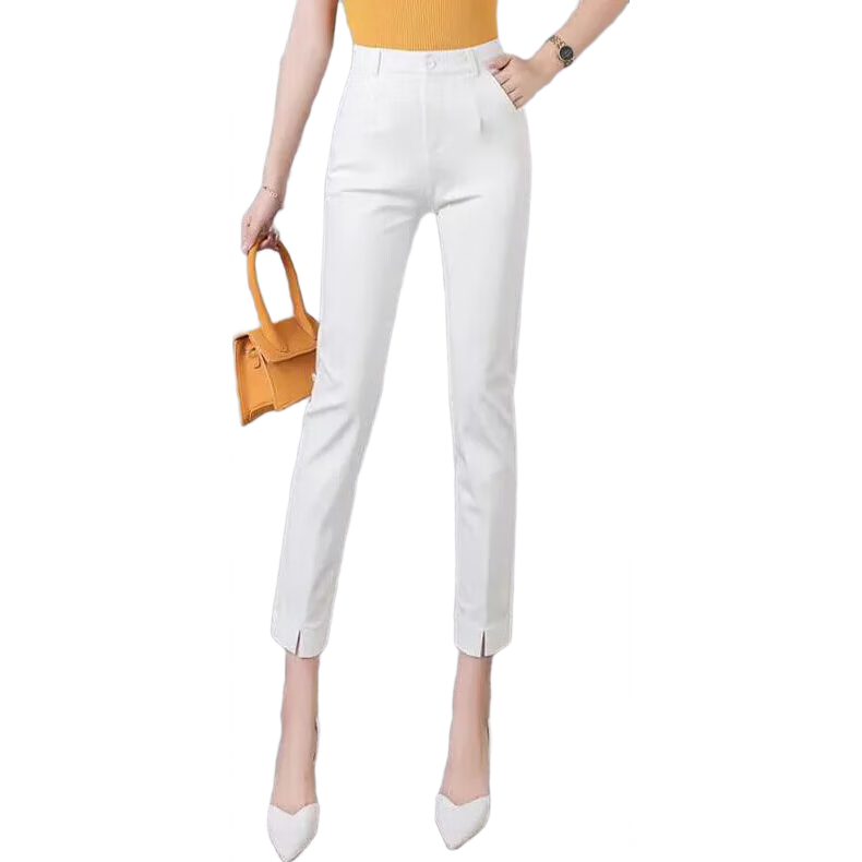 Jeanswest Women's Casual Pants 2026 Summer Slim Fit High Waist Split Hem Cropped Dress Pants White 3XL